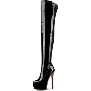 Women Black Over The Knee Stiletto Platform Thigh High Round Toe Long Boots